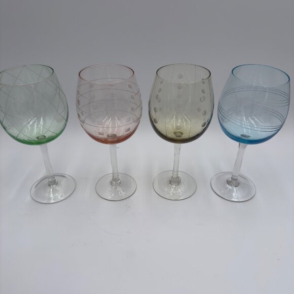 Allegro set 4 Balloon Wine Glasses Hand-Etched 18oz capacity Multicolor design - Picture 7 of 8